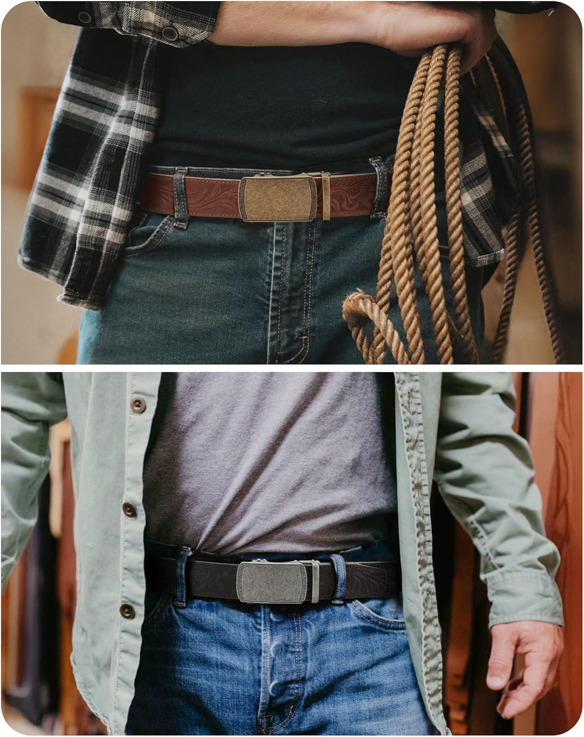 imageCHAOREN Leather Ratchet Belt Men 2 Pack  Customizable Fit Effortless Style 35mmFull Grain Flower BrownFlower Black
