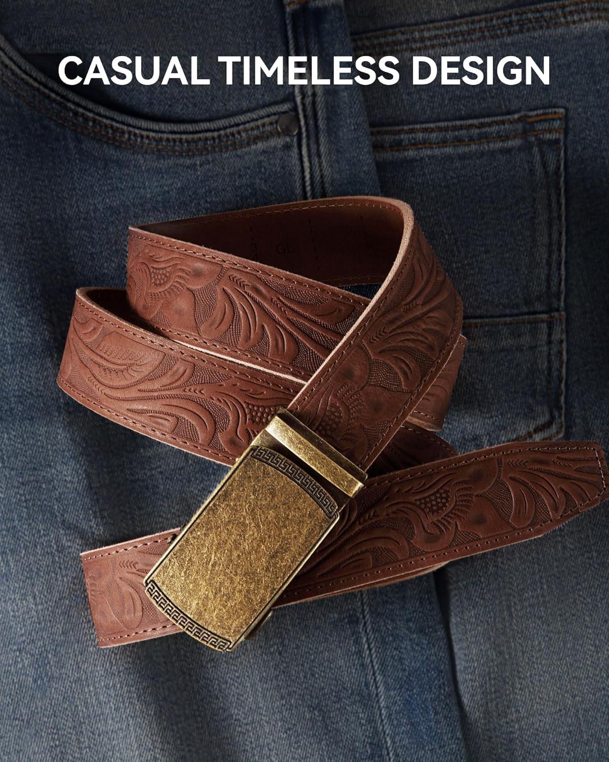 imageCHAOREN Leather Ratchet Belt Men 2 Pack  Customizable Fit Effortless Style 35mmFull Grain Flower BrownFlower Black