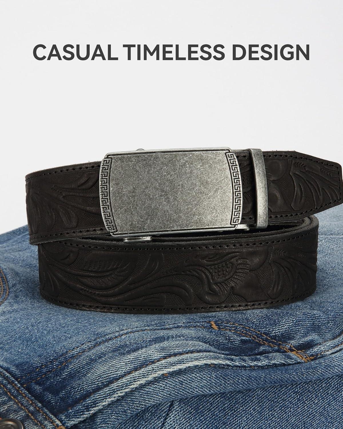 imageCHAOREN Leather Ratchet Belt Men 2 Pack  Customizable Fit Effortless Style 35mmFull Grain Flower BrownFlower Black