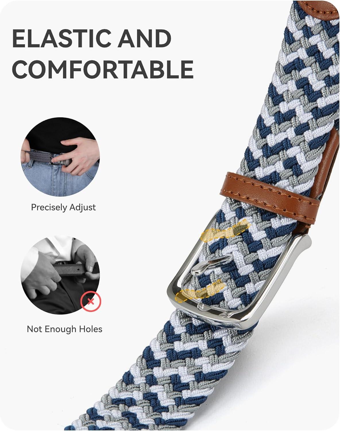 imageCHAOREN Mens Belt  Braided Stretch Golf Belt for Men 1 38quot Gift for Golf Pants Casual Shorts JeansNavy White Grey