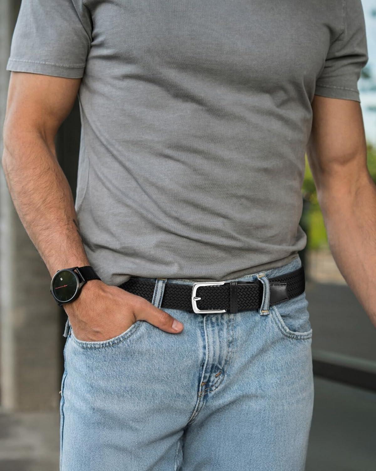 imageCHAOREN Mens Belt  Braided Stretch Golf Belt for Men 1 38quot Gift for Golf Pants Casual Shorts JeansSilver  Black