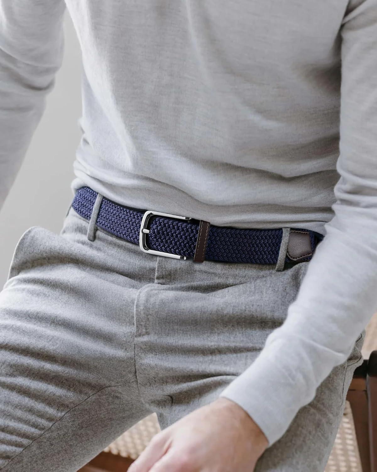 imageCHAOREN Mens Belt  Braided Stretch Golf Belt for Men 1 38quot Gift for Golf Pants Casual Shorts JeansSilver  Navy