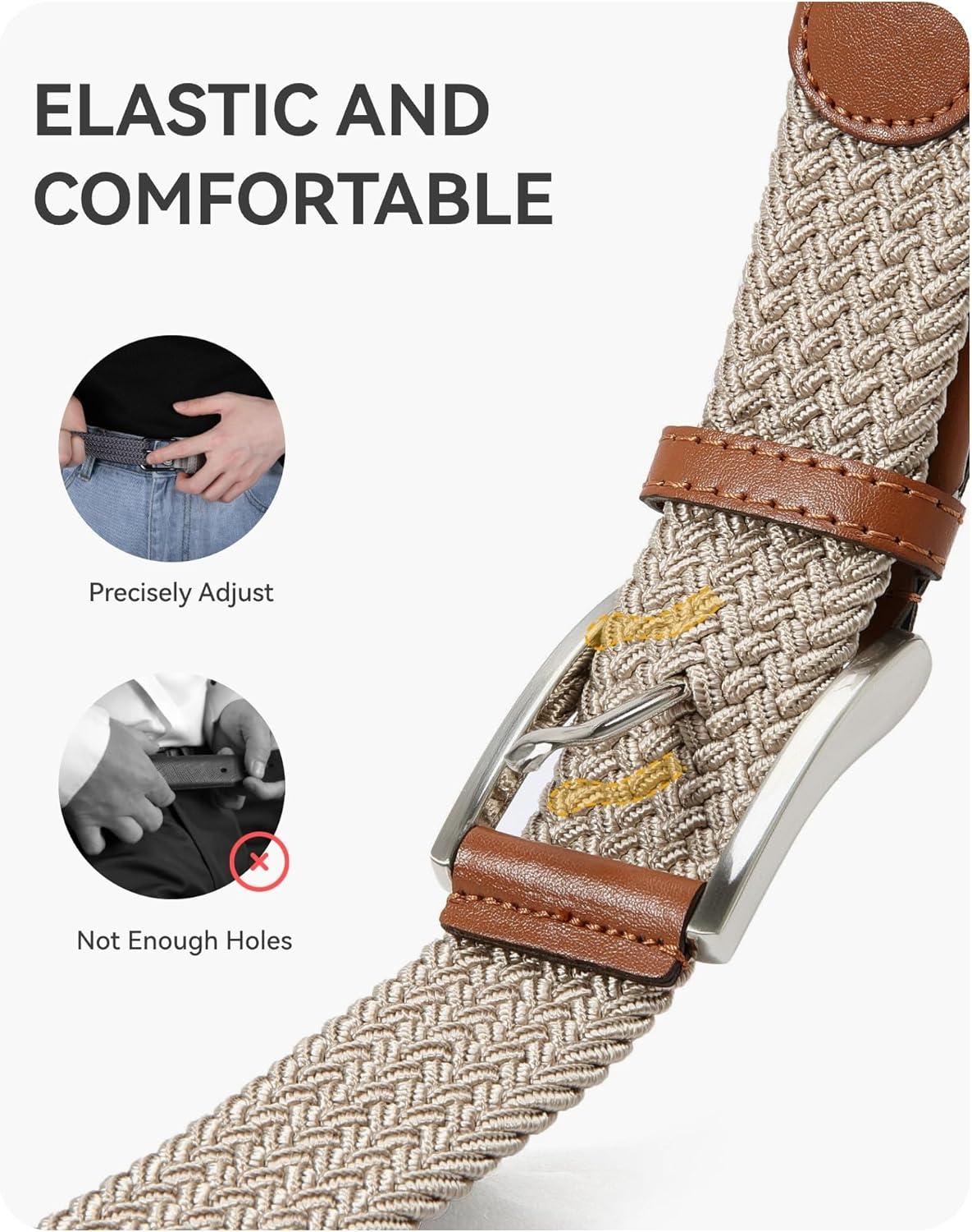 imageCHAOREN Mens Stretch Belt  1 38quot Elastic Braided Golf Belt for Men  Stretchy Web Fit Summer Casual JeansSilver  Beige
