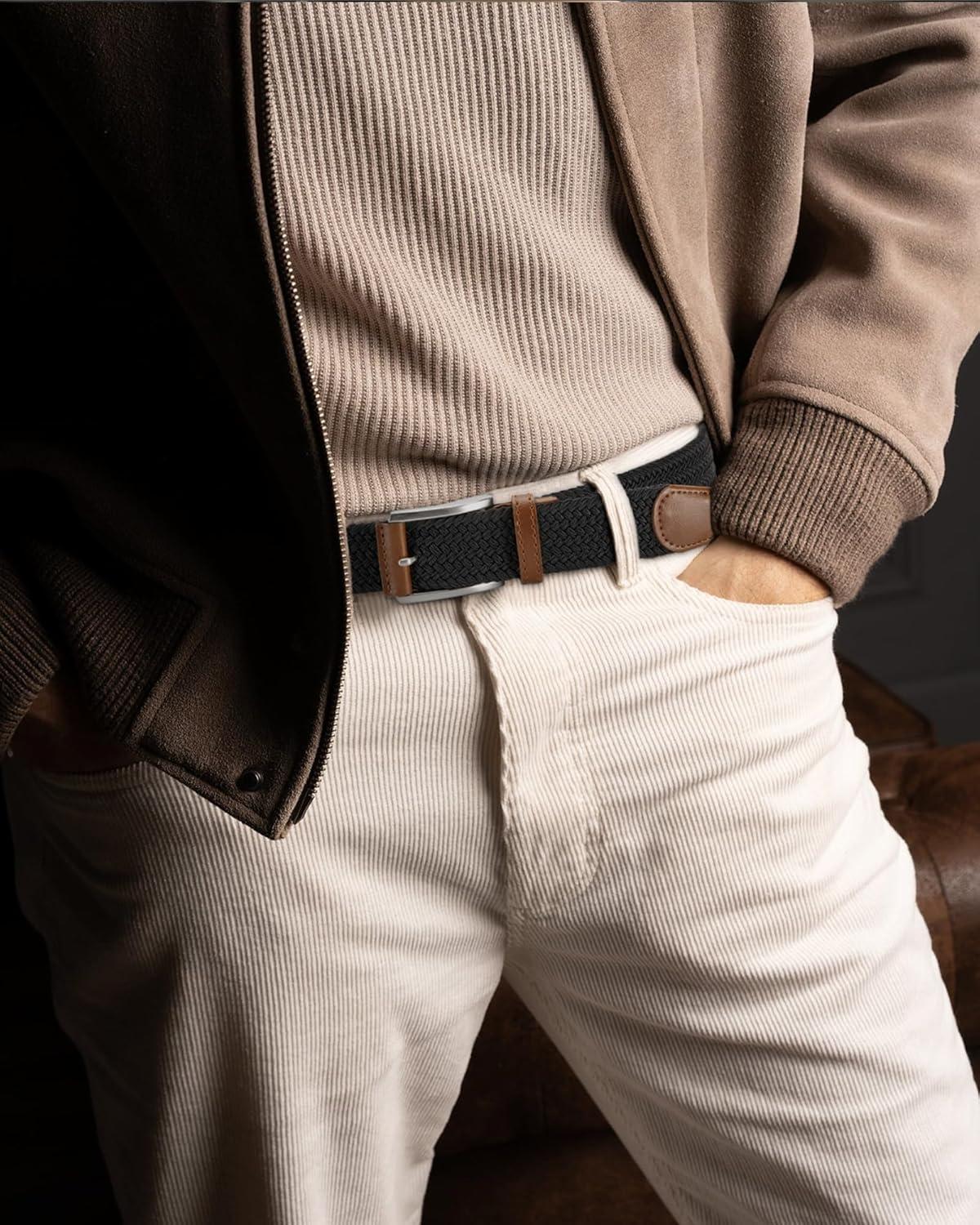 imageCHAOREN Mens Stretch Belt  1 38quot Elastic Braided Golf Belt for Men  Stretchy Web Fit Summer Casual JeansSilver  Black