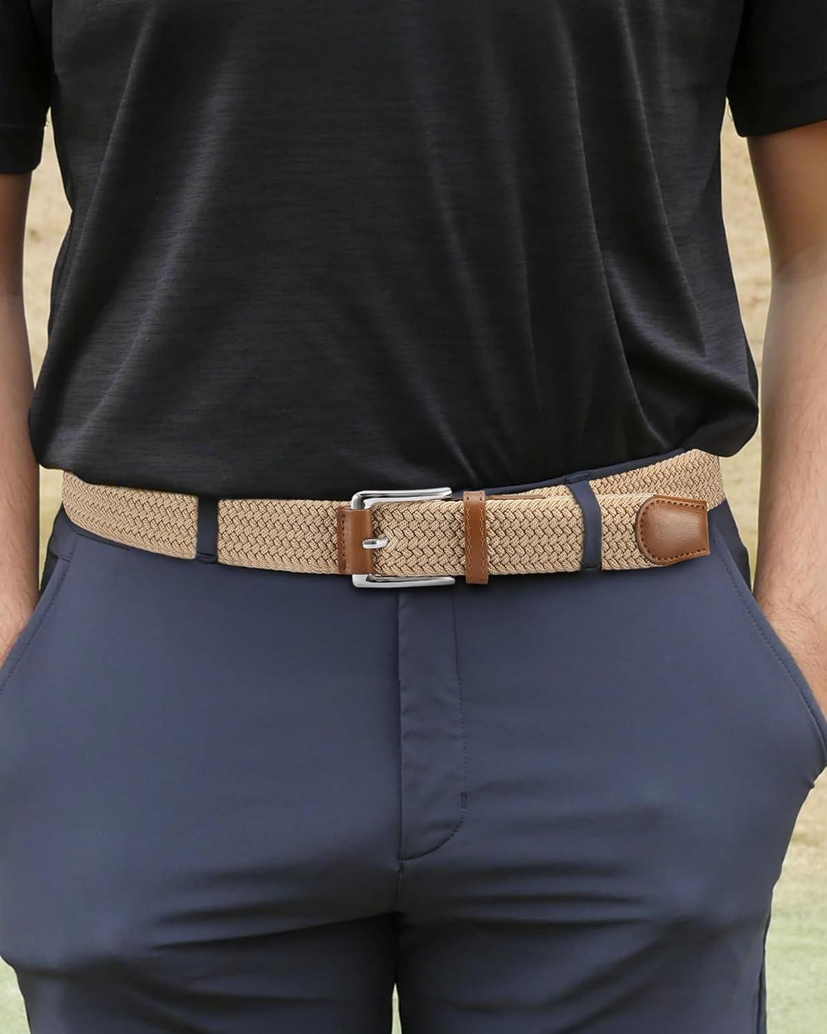 imageCHAOREN Mens Stretch Belt  1 38quot Elastic Braided Golf Belt for Men  Stretchy Web Fit Summer Casual JeansSilver  Khaki