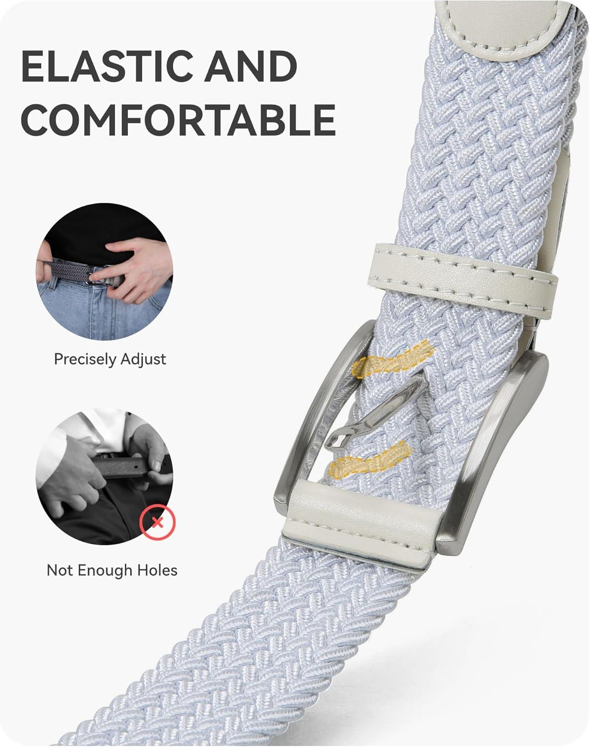 imageCHAOREN Mens Stretch Belt  1 38quot Elastic Braided Golf Belt for Men  Stretchy Web Fit Summer Casual JeansSilver  White