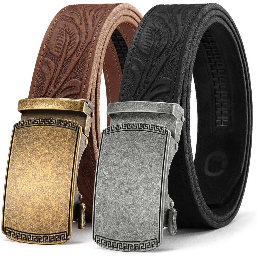 imageCHAOREN Leather Ratchet Belt Men 2 Pack  Customizable Fit Effortless Style 35mmFull Grain Flower BrownFlower Black