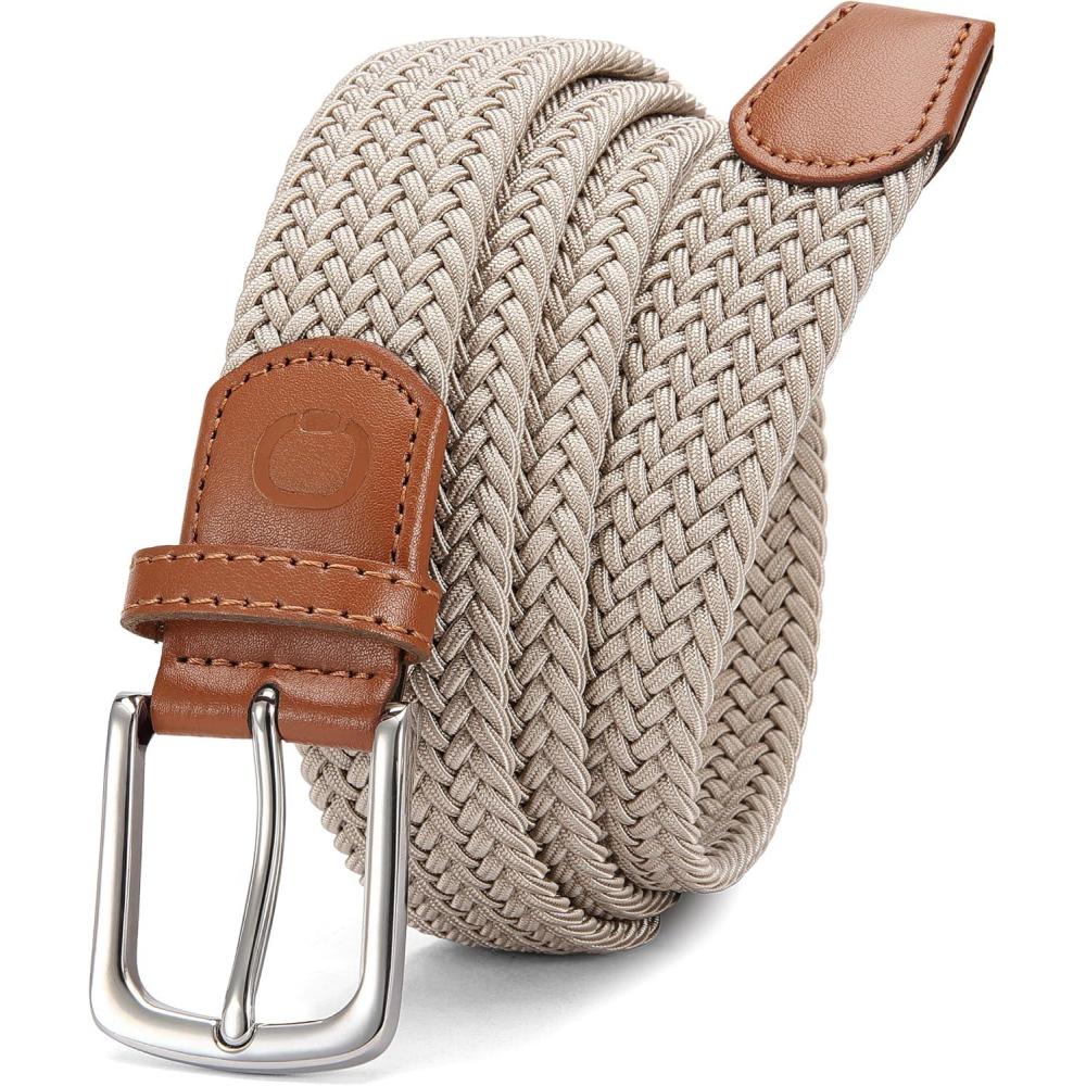 imageCHAOREN Mens Belt  Braided Stretch Golf Belt for Men 1 38quot Gift for Golf Pants Casual Shorts JeansSilver  Beige