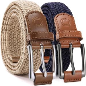 imageCHAOREN Stretch Belts for Men 2Pack  1 38quot Men Elastic Braided Golf Belt  Woven Web Fit Summer Casual Jeans2packantique BlueBeige
