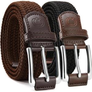 imageCHAOREN Stretch Belts for Men 2Pack  1 38quot Men Elastic Braided Golf Belt  Woven Web Fit Summer Casual Jeans2packbeigeDark Brown