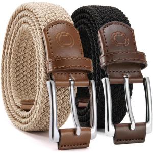 imageCHAOREN Stretch Belts for Men 2Pack  1 38quot Men Elastic Braided Golf Belt  Woven Web Fit Summer Casual Jeans2packblackBeige