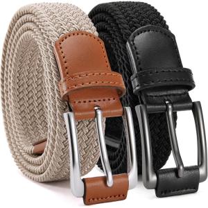 imageCHAOREN Stretch Belts for Men 2Pack  1 38quot Men Elastic Braided Golf Belt  Woven Web Fit Summer Casual JeansBeige  Black