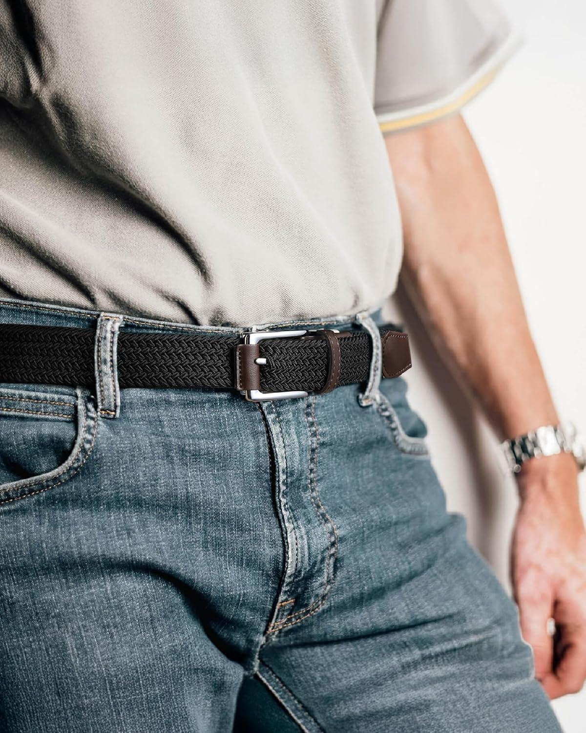 imageCHAOREN Mens Stretch Belt  1 38quot Elastic Braided Golf Belt for Men  Stretchy Web Fit Summer Casual JeansCoal Black