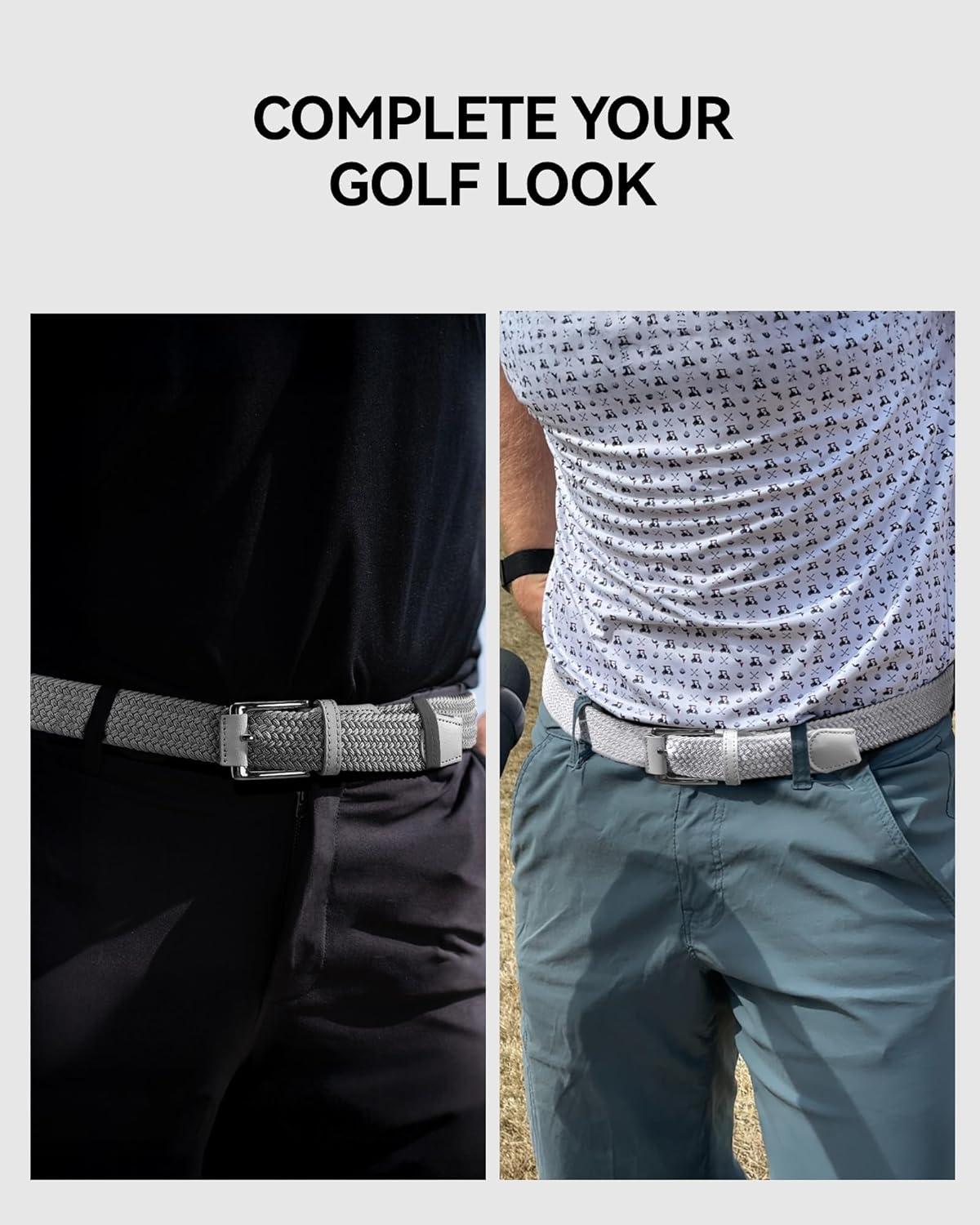 imageCHAOREN Stretch Belt Men 2 Pack  1 38quot Braided Golf Belts For Men  Casual Elastic For Pants and Jeans2packlight GreyWhite