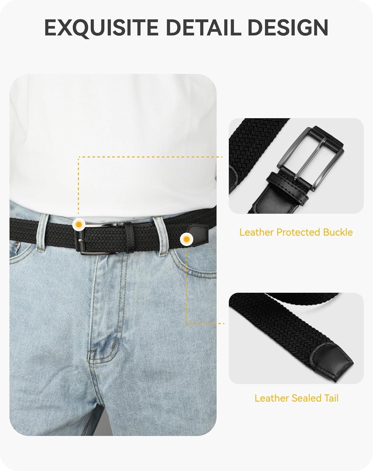 imageCHAOREN Stretch Belt Men 2 Pack  1 38quot Braided Golf Belts For Men  Casual Elastic For Pants and JeansGrey  Black