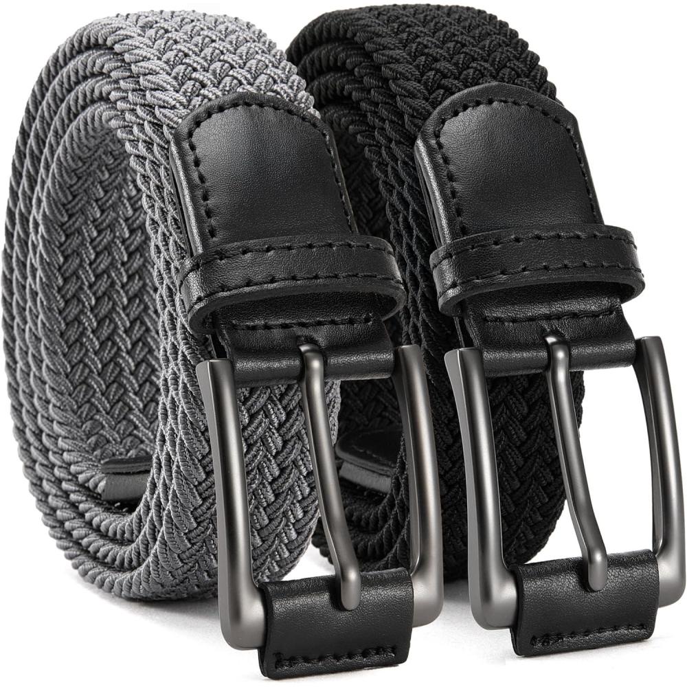 imageCHAOREN Stretch Belt Men 2 Pack  1 38quot Braided Golf Belts For Men  Casual Elastic For Pants and JeansGrey  Black