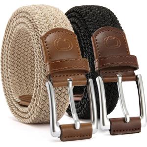 imageCHAOREN Stretch Belt Men 2 Pack  1 38 Braided Golf Belts For Men  Casual Elastic For Pants and Jeans2 Pack  Beige  Black