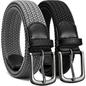 imageCHAOREN Stretch Belt Men 2 Pack  1 38 Braided Golf Belts For Men  Casual Elastic For Pants and JeansBlack  Grey