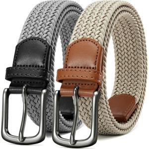 imageCHAOREN Stretch Belt Men 2 Pack  1 38 Braided Golf Belts For Men  Casual Elastic For Pants and JeansGrey  Khaki