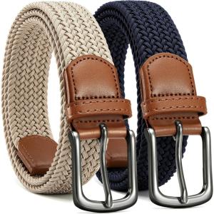 imageCHAOREN Stretch Belt Men 2 Pack  1 38 Braided Golf Belts For Men  Casual Elastic For Pants and JeansNavy Blue  Khaki