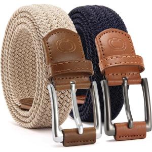 imageCHAOREN Stretch Belt Men 2 Pack  1 38 Braided Golf Belts For Men  Casual Elastic For Pants and JeansNavy Blue  Beige