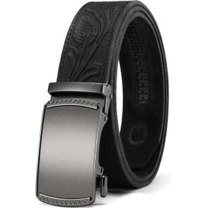 imageCHAOREN Mens Belt Leather Ratchet Belt  Customizable Fit Effortless Style 35mmElectroplated Silver  Full Grain Flower Black